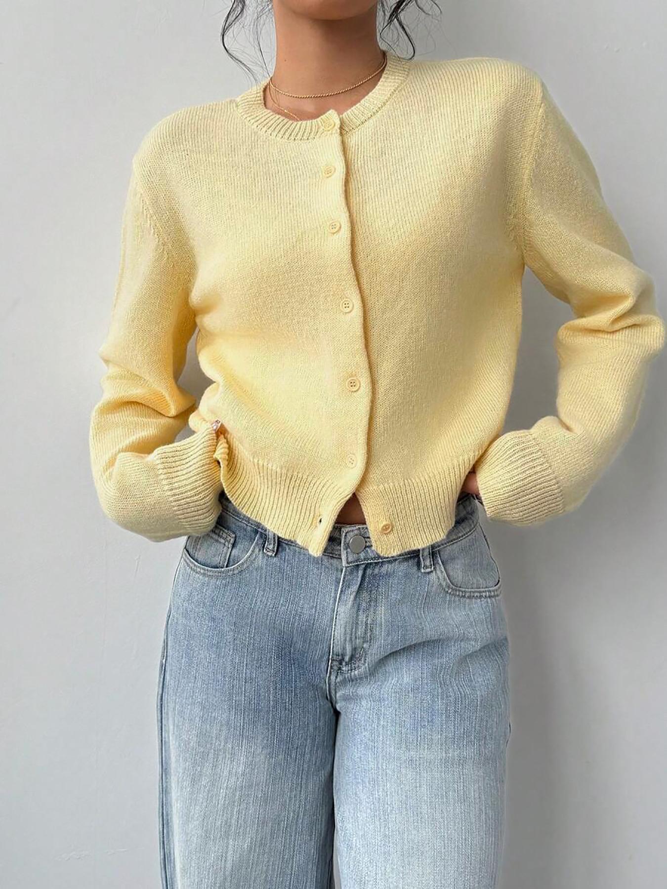 Women's Solid Color Button Front Sweater Cardigan, Casual Long Sleeve Knitting Knitwear for Fall & Winter, Women's Knit Clothing for Daily Wear