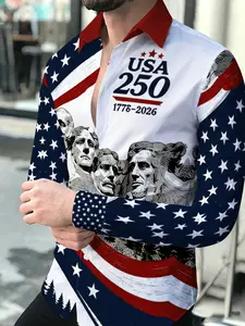 Men's Long Sleeve Lapel Shirt, 250th Anniversary Themed Top with Mount Rushmore Print, Blue White Red Color Block Fashion Casual Daily Wear Shirt, Football Game Day Casual Outfit For Mexican FansSoccer Fan Ethnic Retro Printed For