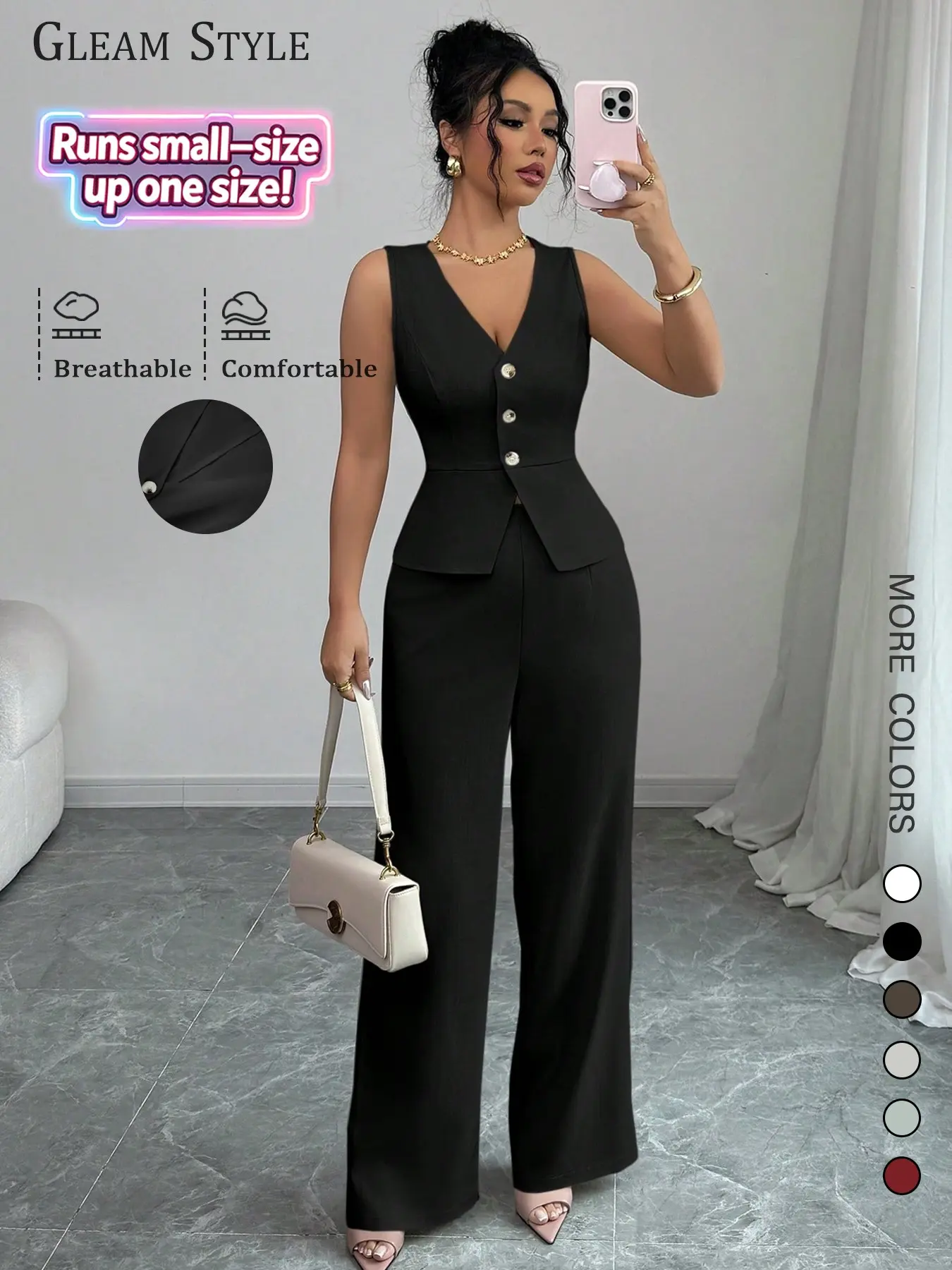 2026 Spring Summer Women's 2-Piece Set Clothes, Fashion Chic Elegance Waist-Cropped Sleeveless V-Neck Top + Casual Wide-Leg Pants, Slim Fit, Light Color, The size runs small, please order one size up.