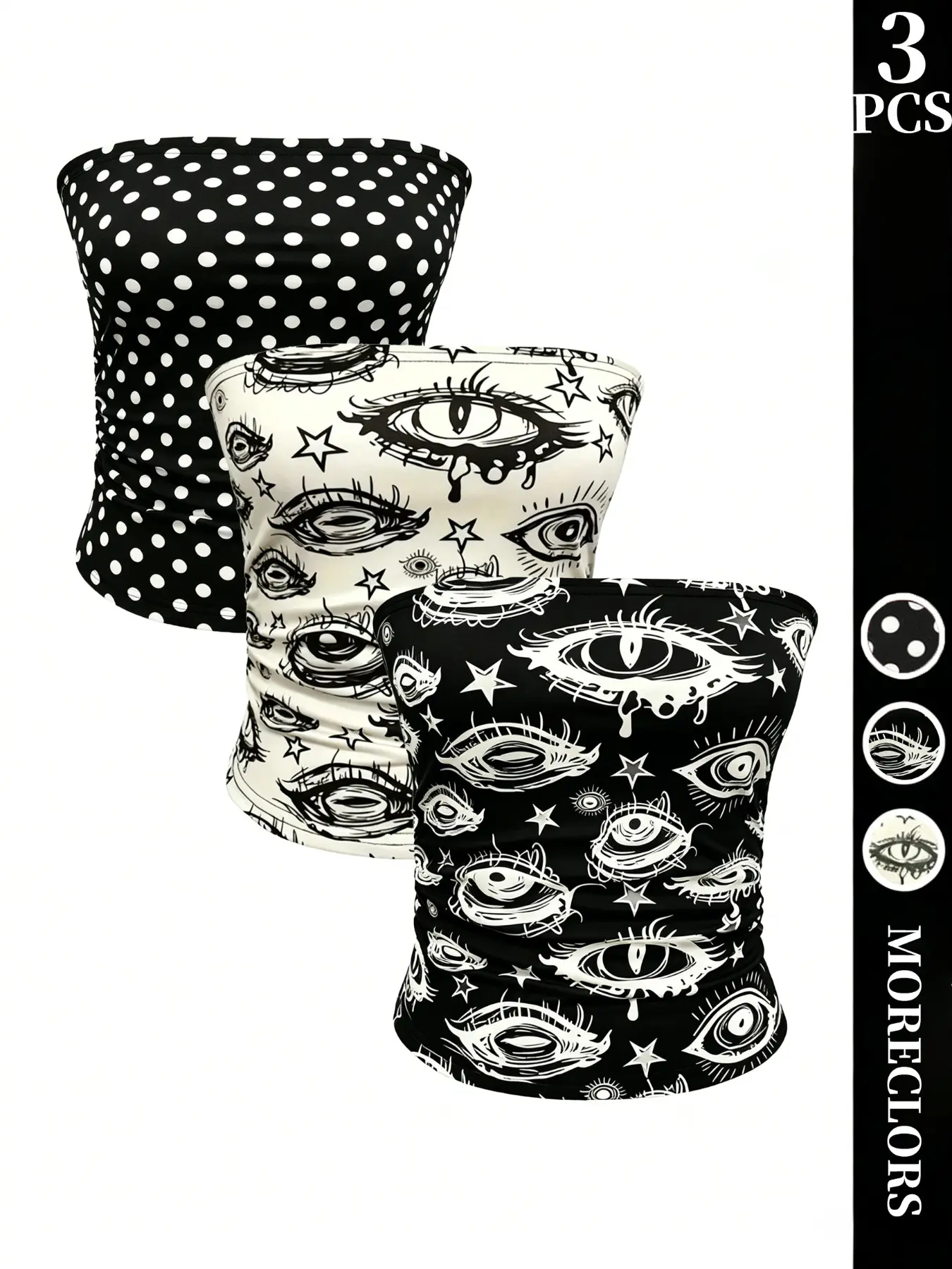 Versatile 3-Piece Strapless Design Tube Top Multipack, Classic Dot & Artistic Eye Print, Stretchy, Stretch Comfy Fabric, Casual Office Look