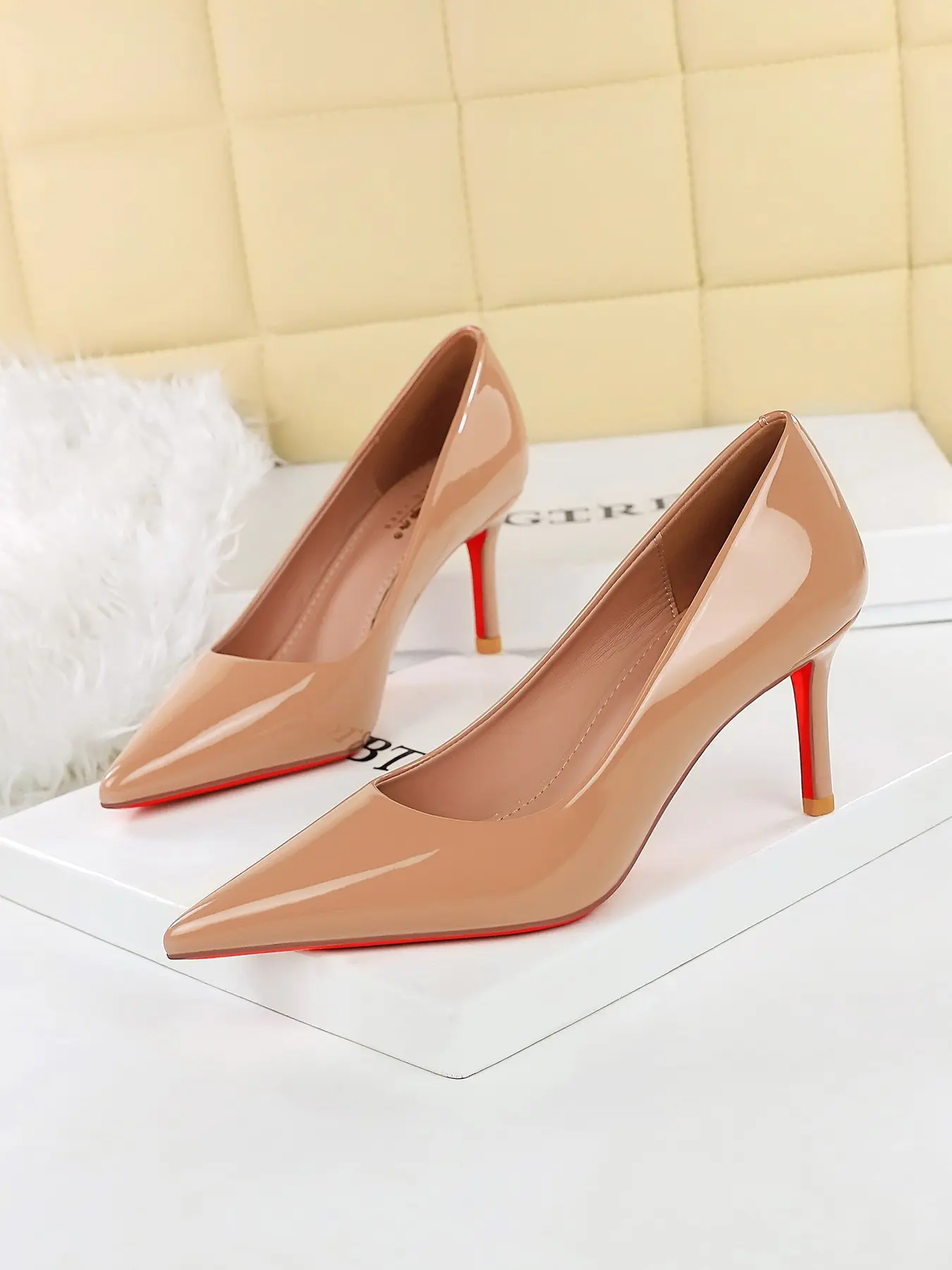 8351-A European Style Sexy Party Patent Leather Sole Fashion High Heel Shoes, Women's Pointed Toe Low Ankle Suede Sandals, Party Heels, All Seasons