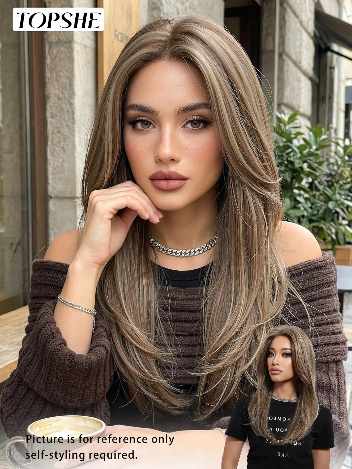 Topshe Transparent Lace Mono Base Layered Wig, Chestnut Brown With Blonde Money Piece Highlight Straight Hair, Breathable Mono Net, Tangle-Free Heat Friendly Fiber All Skin Tone Friendly