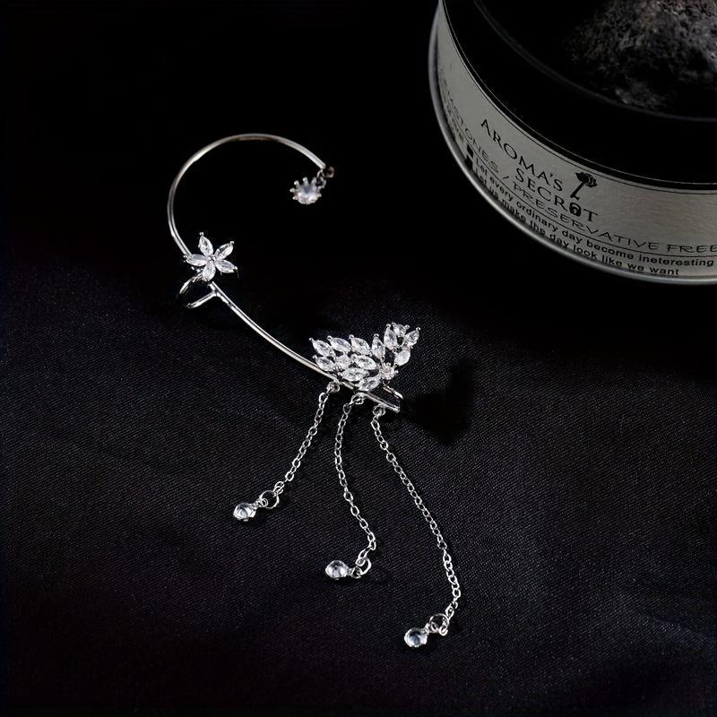 [Trendy Zirconia Tassel Ear Cuff] Shiny Butterfly Ear Cuff Earring Trendy Zirconia Inlaid Tassel Ear Wrap Earrings Elegant Ear Ornaments Jewelry Accessories for Women Tassel Ear Hooks Without Ear Holes