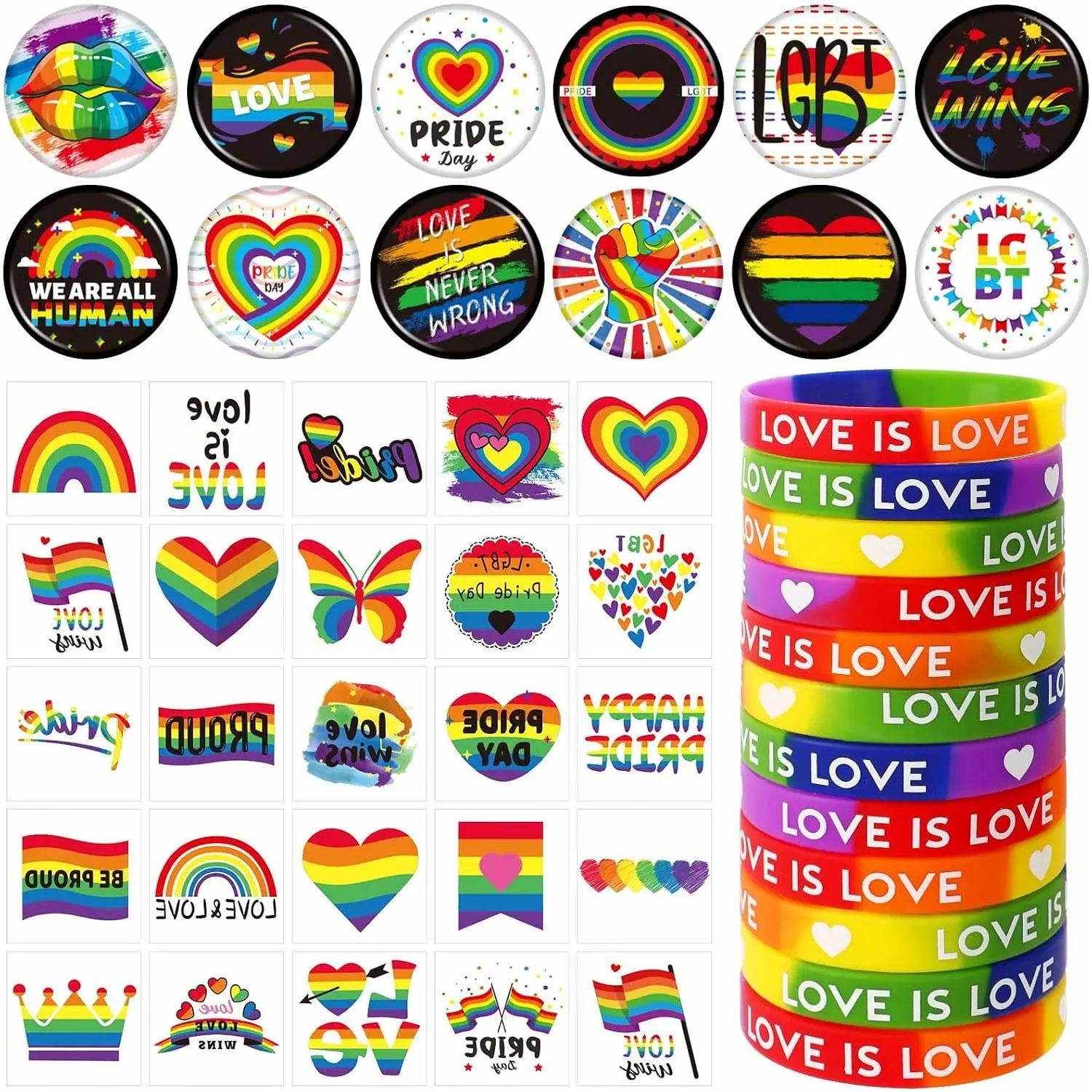 72 count Pride Accessories Set LGBTQ Party Favors Parade Decor | Include 12 count Pride Pins, 48 count Rainbow Stickers, 12 count Pride Printed  Bracelets