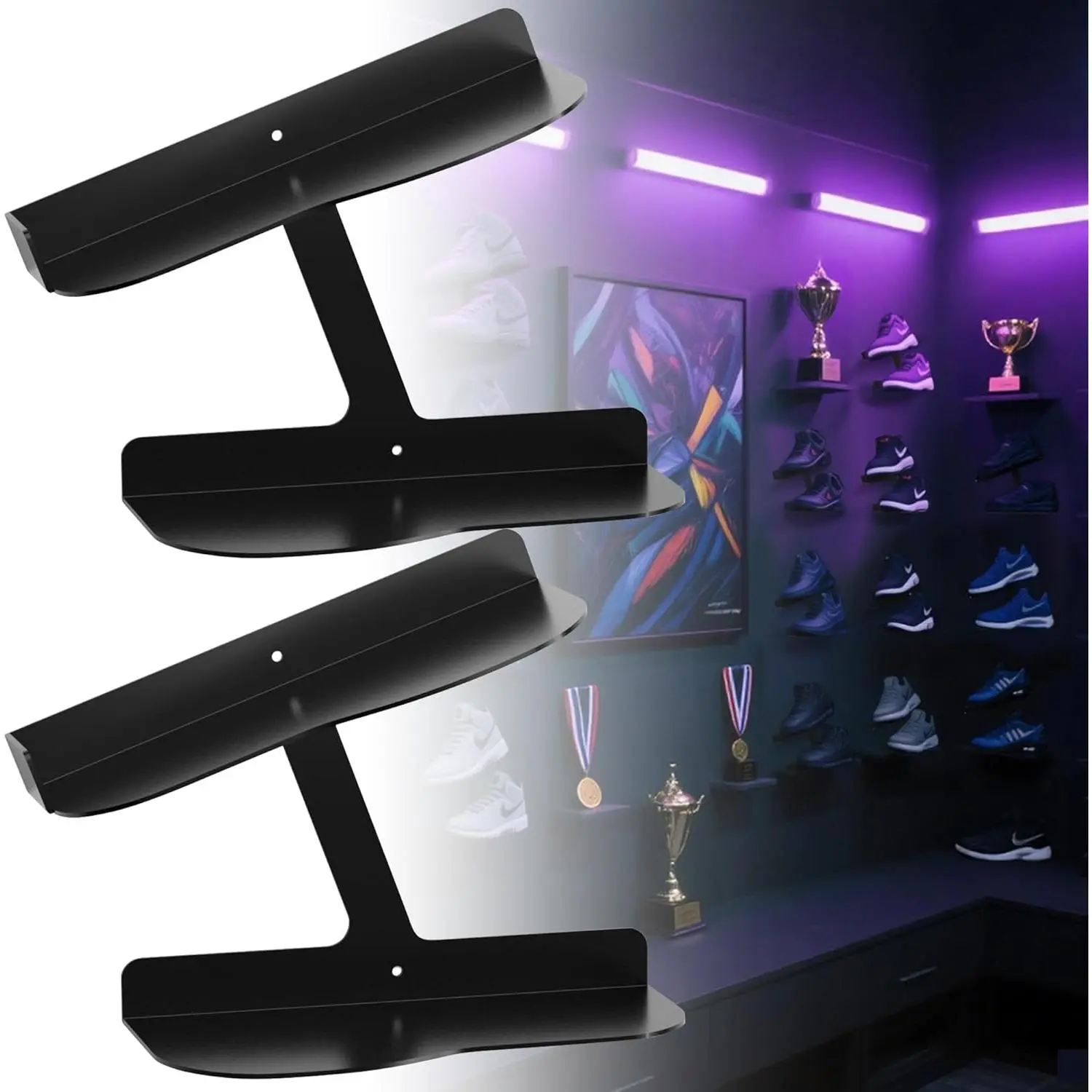 2 Pack H Type Floating Shoe Rack for Wall, Metal Wall Mount Floating Shoe Shelves, Wall Mount Floating Sneaker Display Rack, Levitating Shoe Organizer for Sneaker Collector Advertising Exhibition