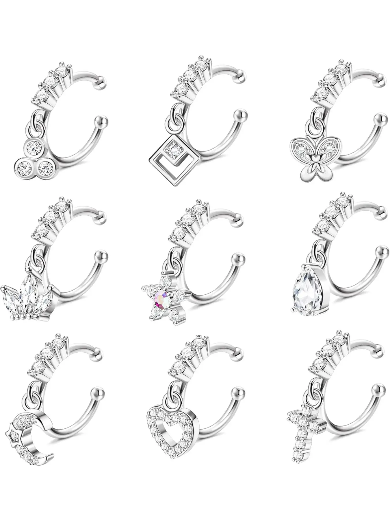 9 Pcs 20g Dangle Fake Nose Rings Hoops for Women, Cz Dangle Nose Rings, Dangly Nose Ring, Non Piercing Cartilage Earrings, Faux Nose Piercing Jewelry, Body Jewellery