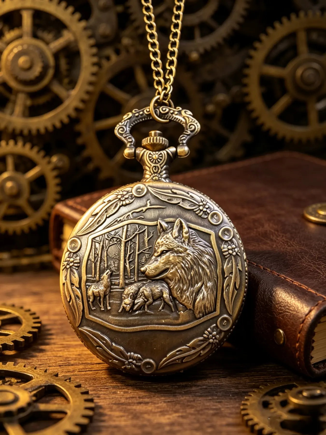 Vintage Wolf Head Relief Quartz Pocket Watch, Necklace Pendant Watch, Fashion Gift, Clothing Accessory, Stylish Timepiece