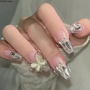 Butterfly Press On Nails - Silver Glitter Chrome 3D Fake Nails, Bling Gem Bow Long Square Nail Art for Women Girls Party Daily
