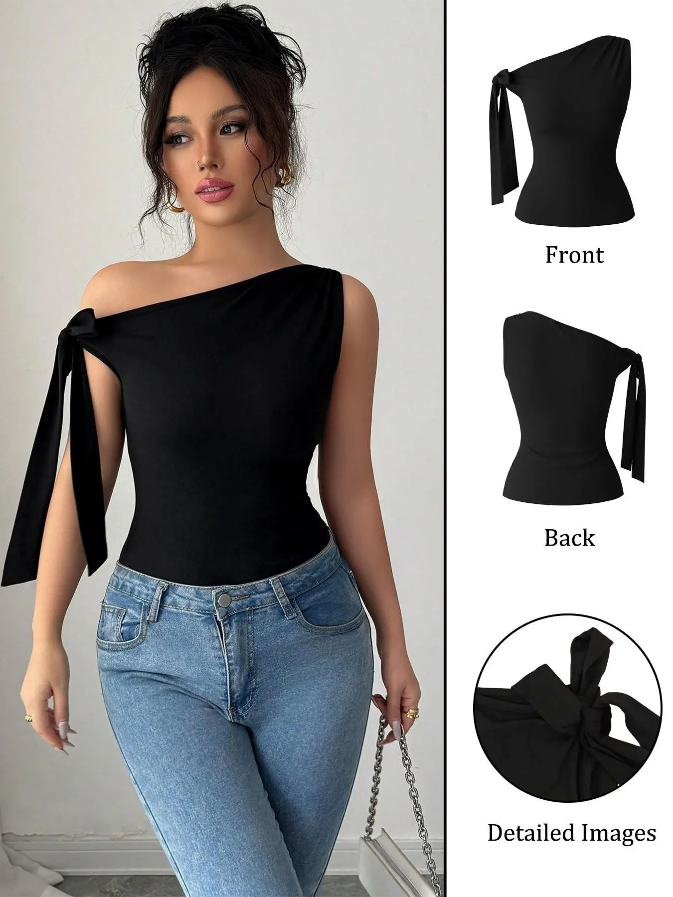 Sexy Asymmetrical One-Shoulder Solid Color Tank Top, Side Tie Bow Waist Cinch Slim Fit Stretchy Shoulder Reveal Top, Women's Fashion Clothing