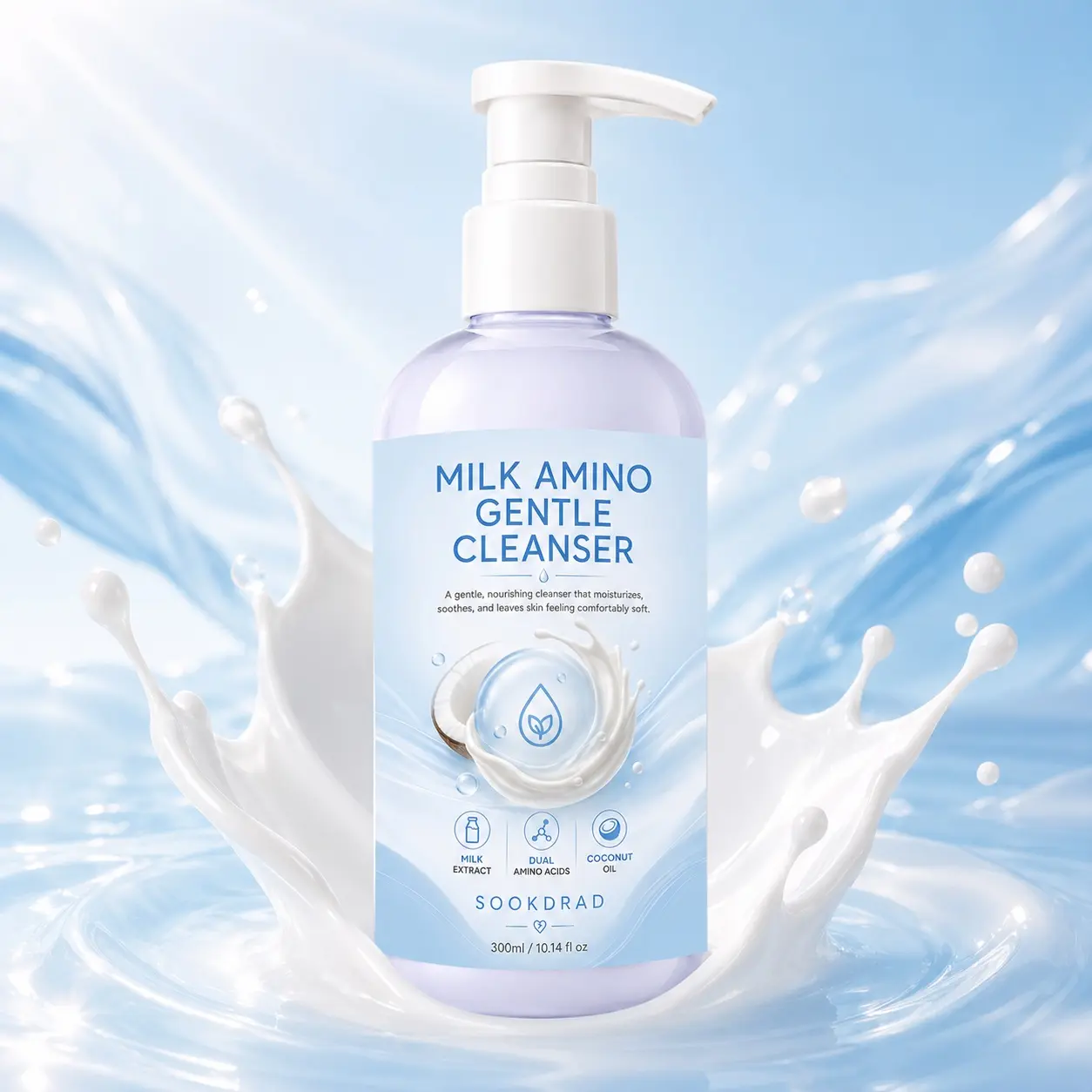 Milk Amino Gentle Cleanser, milk extract, dual amino acids, coconut oil, moisturizing, soothing, gentle cleansing, face, all skin types, 300ml/10.14 fl oz