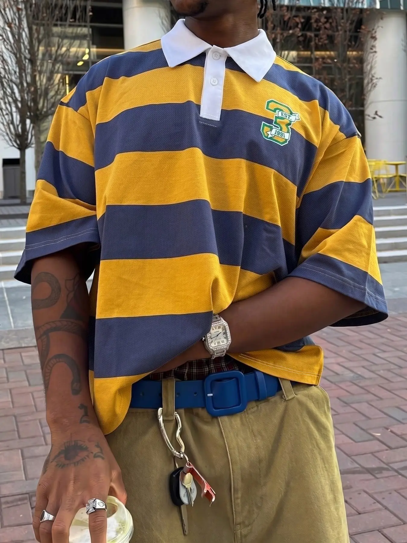 Trendy oversized striped rugby polo shirt - Casual Polo Shirts, No. 3 1991 pattern, breathable fabric, loose fit, casual, yellow and blue color scheme, a must-have for streetwear style for both men and women. Upgrade your everyday look now.