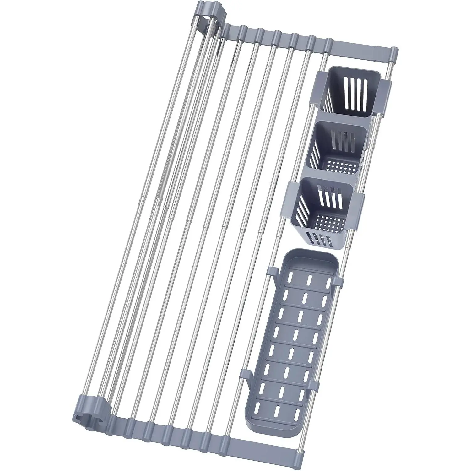 Expandable Roll Up Dish Drying Rack Up to 22.8''with 2 Storage Baskets,Over The Sink Kitchen Rolling up Dish Drainer Drying Rack, Foldable,Rollable,for Kitchen Dishes(Expandable Width Size)