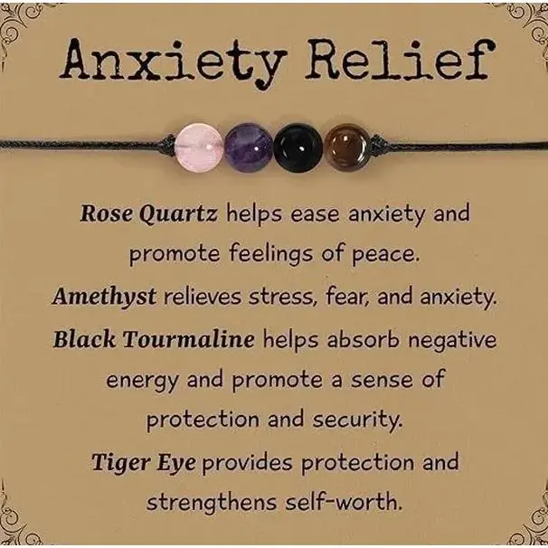Natural Crystal Beaded Cord Bracelet - 4-Stone (Rose Quartz, Amethyst, Black Tourmaline, Tiger Eye) - Minimalist Adjustable Size Yoga/Meditation Spiritual Costume Jewelry Bracelet