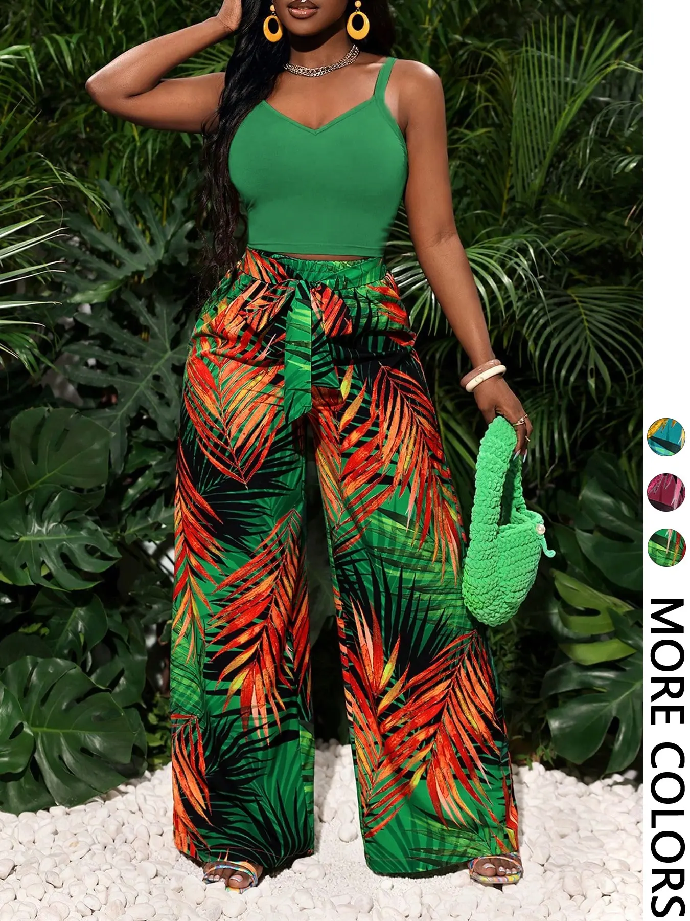 Two-Piece Women's Casual Bohemian Boho Elastic Stretch Tank Top & Loose Printed Wide-leg Pants Set, Comfortable and Stylish Matching Set, Outfit