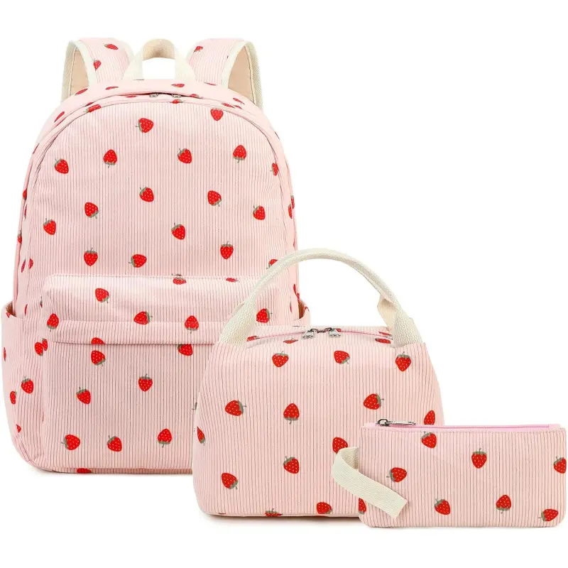 Strawberry Print School Backpack Set for Teen Girls - Cute Stylish Daypacks with Lunch Box, Pencil Case, Laptop Compartment - Gym & Daily Use Bag for Middle/Elementary School, Backpacks For School