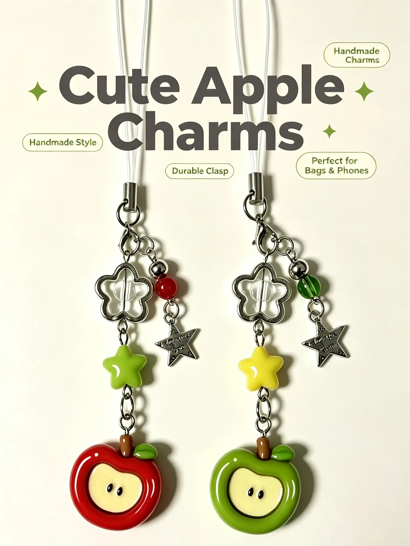 2‑Pack Cute Apple Phone Charm Set, Kawaii Red & Green Apple Beaded Phone Strap With Star Metal Charms, Y2K Aesthetic Phone Lanyard Bag Pendant Keychain Accessories For Girls, Ideal Daily Decor & Holiday Gift, Mobile Phone Lanyard