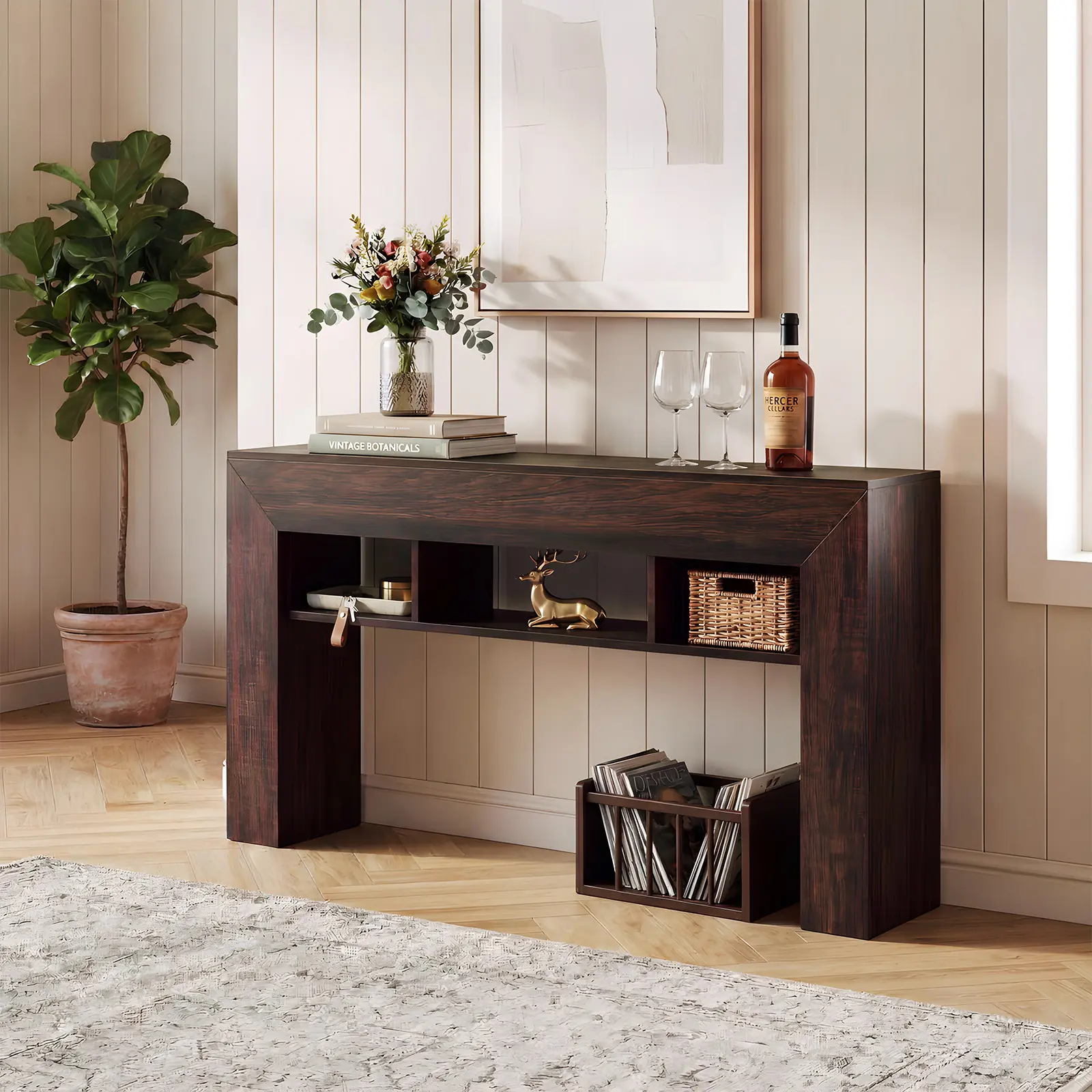 63 Inch Farmhouse Console Table Behind Sofa, Engineered Wood Entryway Table with 3 Open Storage Compartments, Dark Brown Narrow Accent Table for Hallway & Living Room