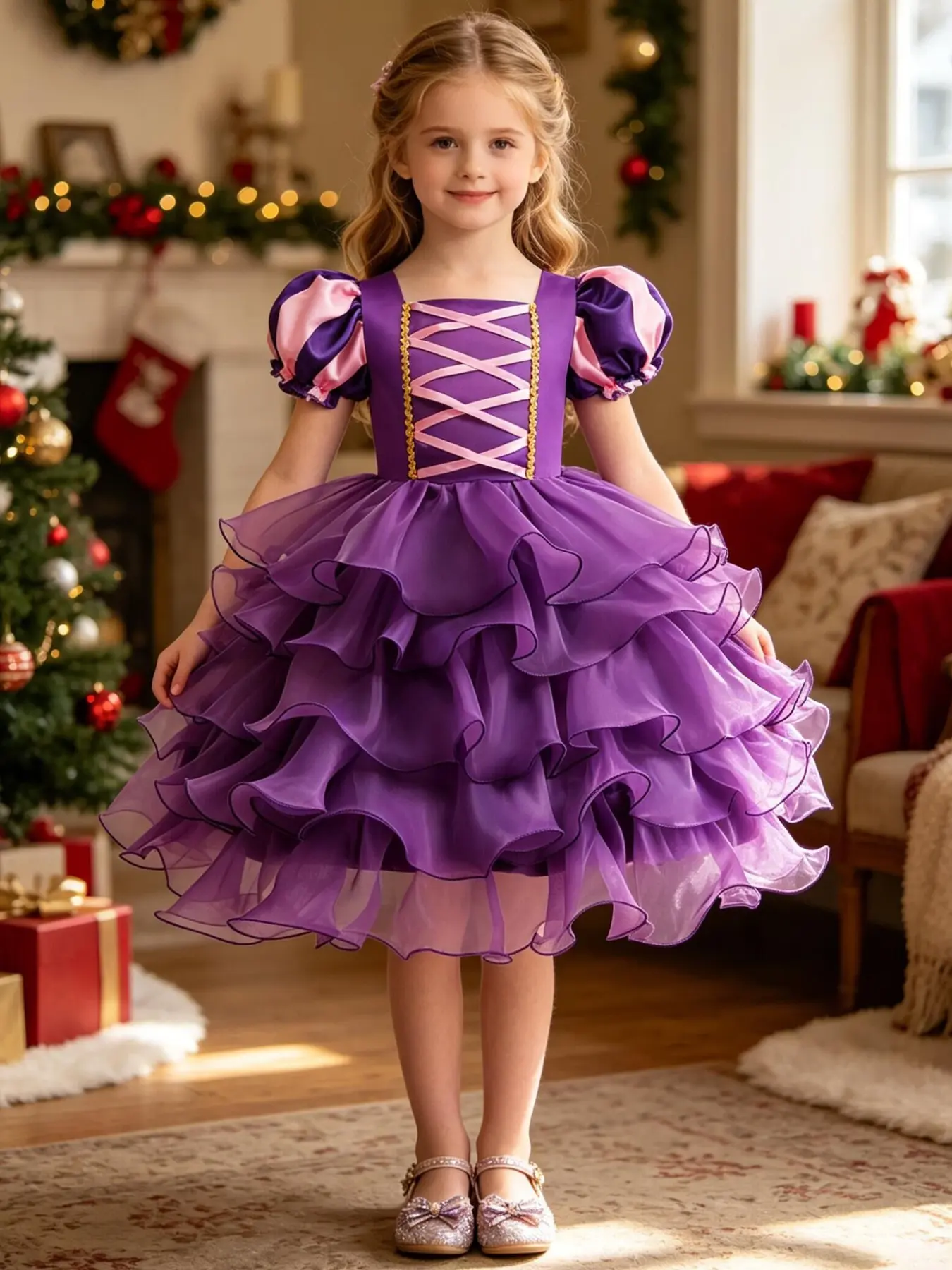 Long Hair Rapunzel Princess Colorblock Girl Dress, Bubble Sleeve Cross Tie Multi-Layer Ruffle Cake Tutu, Birthday Party Cosplay Stage Performance Dress