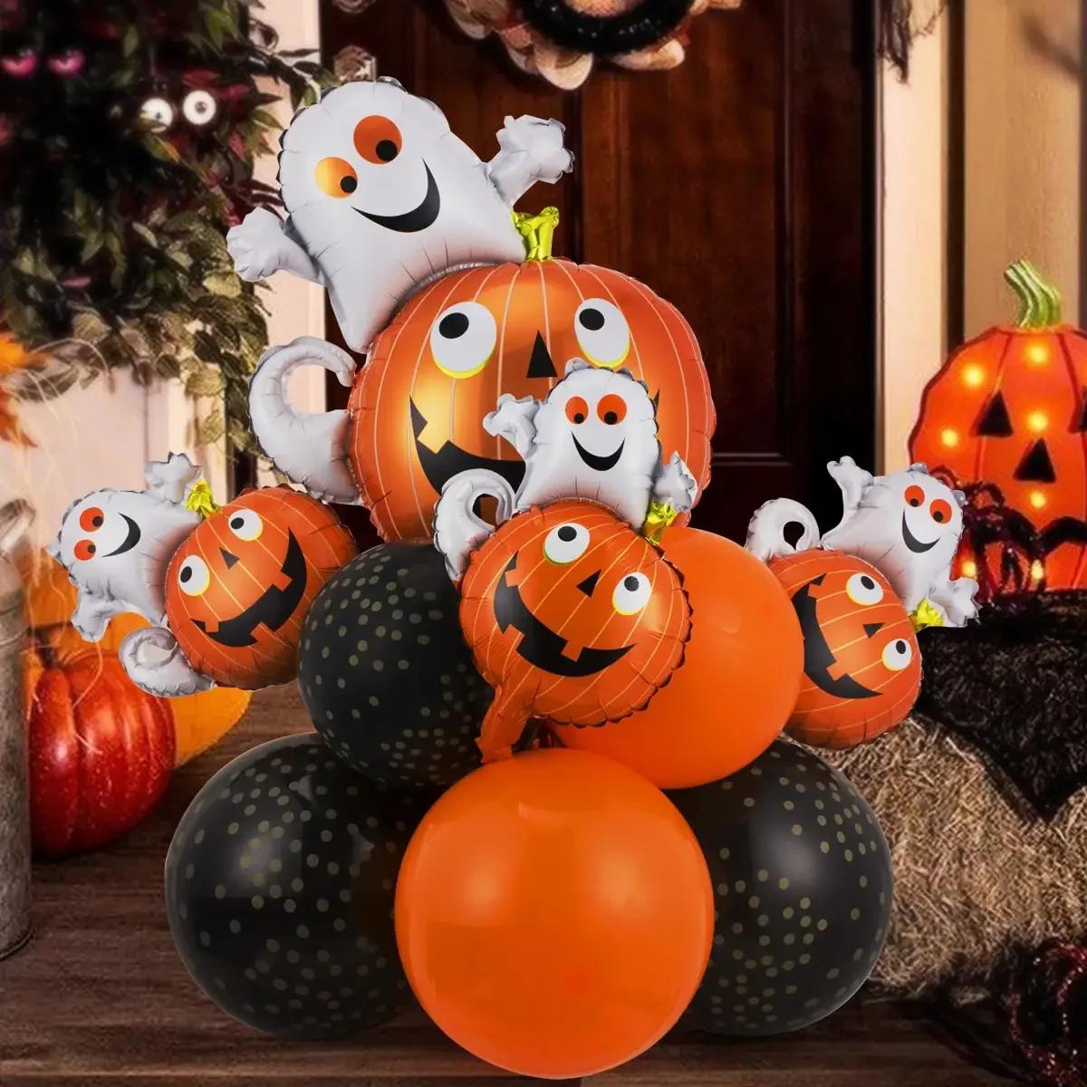 12/13pcs Happy Halloween Balloon Set With Black Orange Latex Globos Ghost Bat Pumpkin for Haunted House Room Halloween Eve Decor