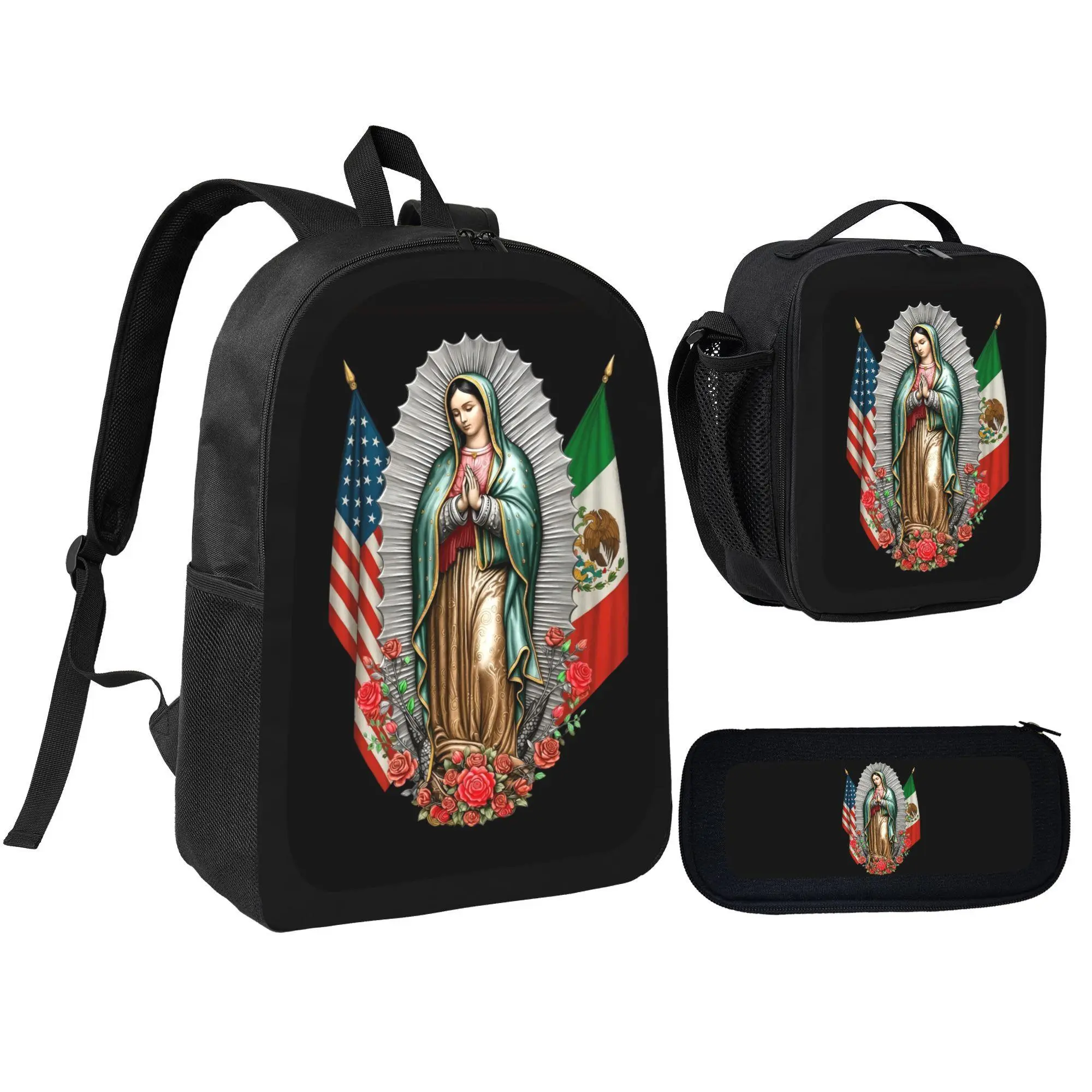 3-Piece Religious Print Backpacks for school, Our Lady of Guadalupe Cohesive Set with Lunch Box & Pencil Case for Students Ages 12+ Daily Use, School Backpack Set, Statement Of Individuality, Artsy Bag, 3 In 1 Design Backpacks