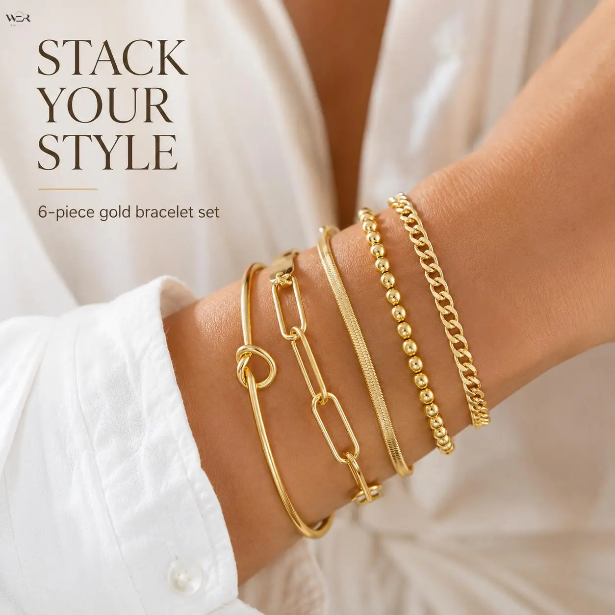 6 Pcs 14K Gold Plated Stackable Bracelet Set for Women, Waterproof Non Tarnish Multi Style Layered Bracelets, Love Knot Cuff Bangle Paperclip Cuban Bead Snake Chain Stacking Wrist Jewelry for Daily Office Gift