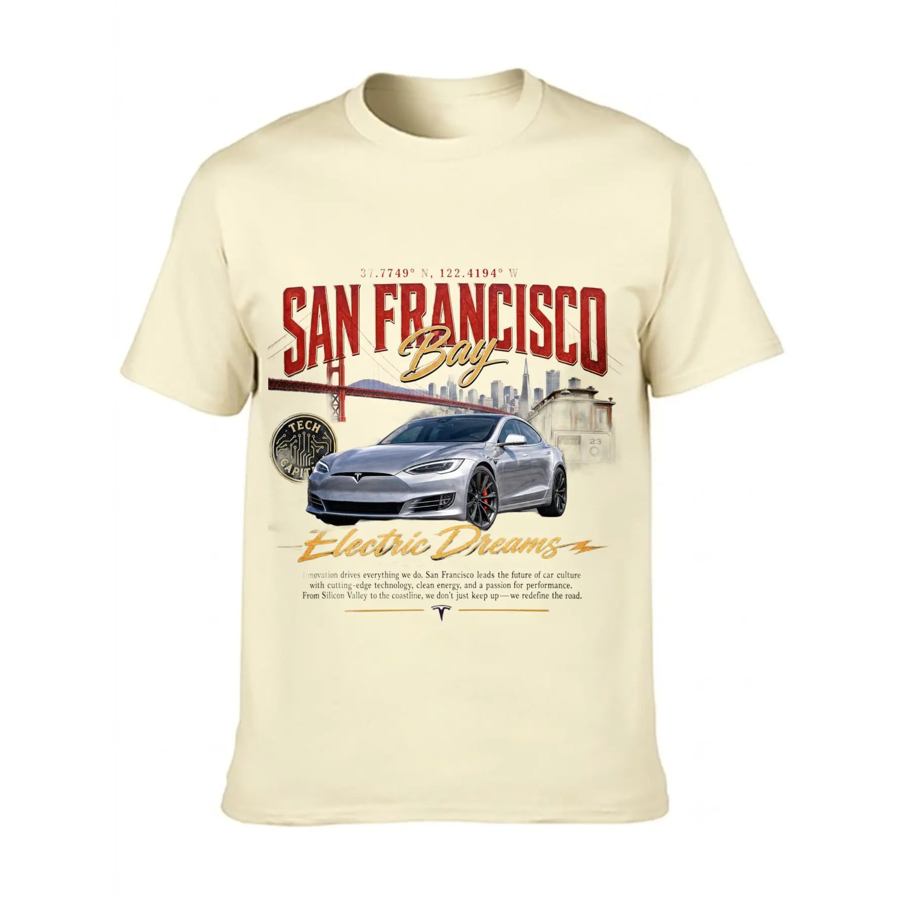 Women's Loose-Fit Heavyweight Cotton Round Neck (Crew Neck) Short-Sleeve T-Shirt - San Francisco Bay Tesla Car Graphic Print, Tech-Inspired Cityscape Art, California Vibes, Urban Streetwear Casual Top