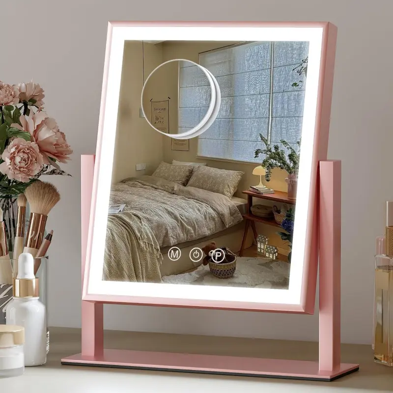 LED Lighted Vanity Mirror 11.81"x13.38" - Sensitive Smart Touch, 3 Dimmable Modes, 360° Smooth Rotation Desk Makeup Mirror Pink