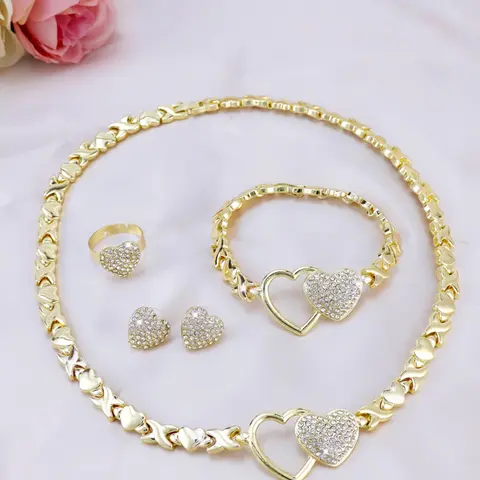 4-Piece Xoxo Heart Pendant Necklace Earrings Set, Fashion Jewelry for Parties Weddings Holidays, Dubai Africa Europe America, Elegant Jewelry Set