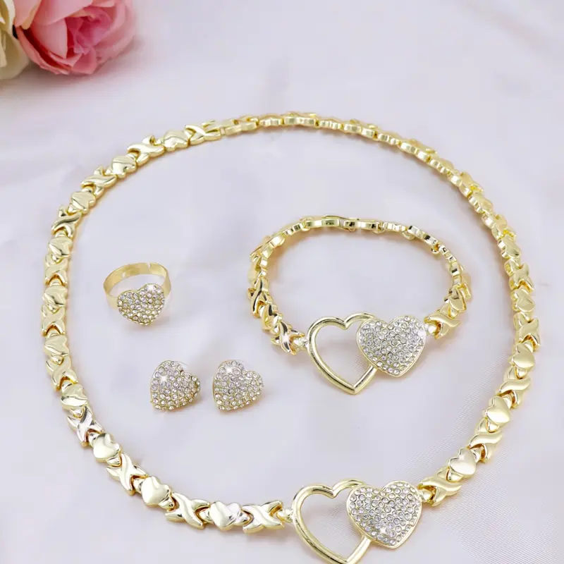 4-Piece Xoxo Heart Pendant Necklace Earrings Set, Fashion Jewelry for Parties Weddings Holidays, Dubai Africa Europe America, Elegant Jewelry Set