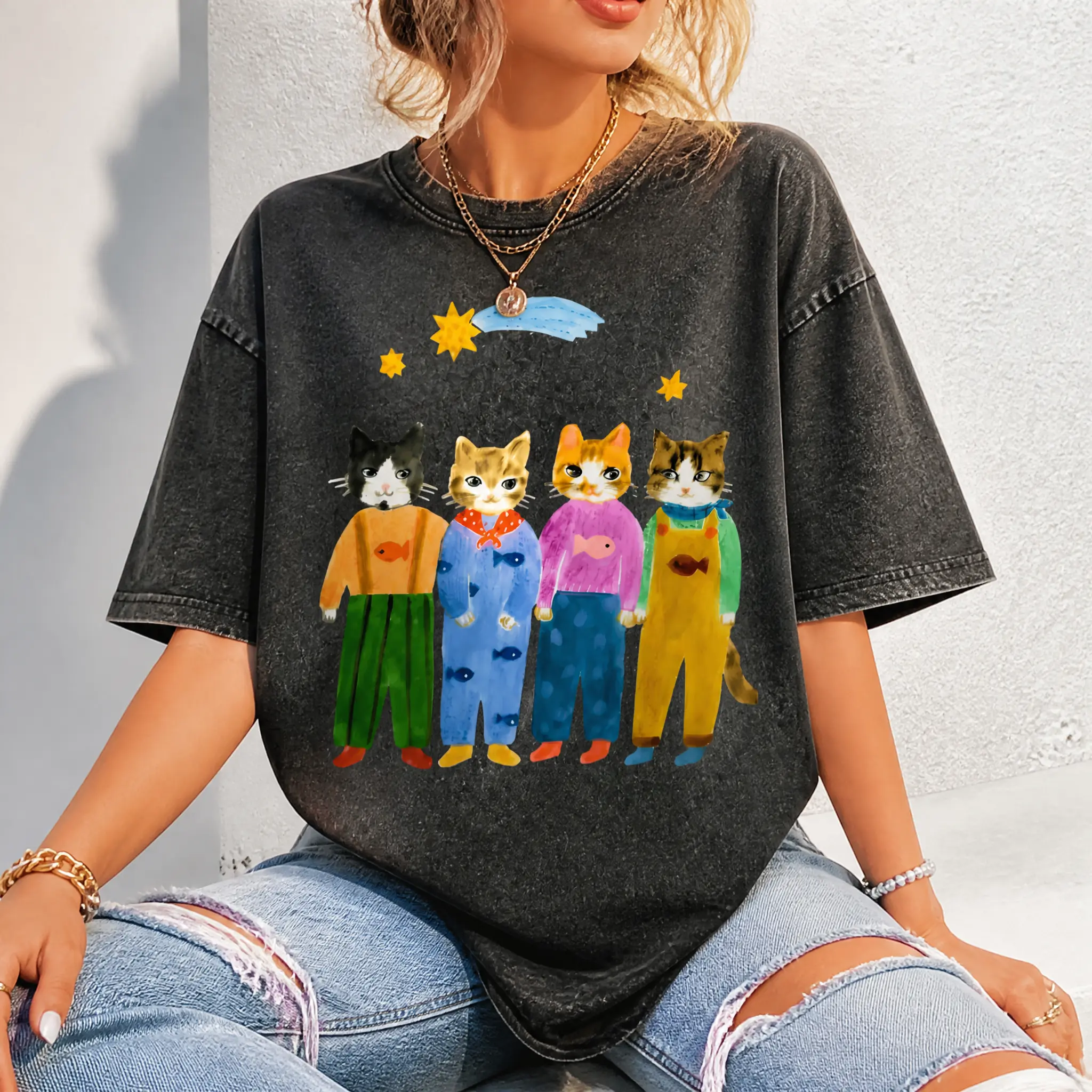 Retro Hand Painted Funny Cats In Overalls Graphic Vintage Tee 90s Graphic Tees Men's t Shirts Graphic Tee t Shirts Funny Graphic Tee Good Graphic Tees Men's Graphic Tees Streetwear Outfits Men Vacation Outfits Oversized Tshirt Men,Vintage tshirt