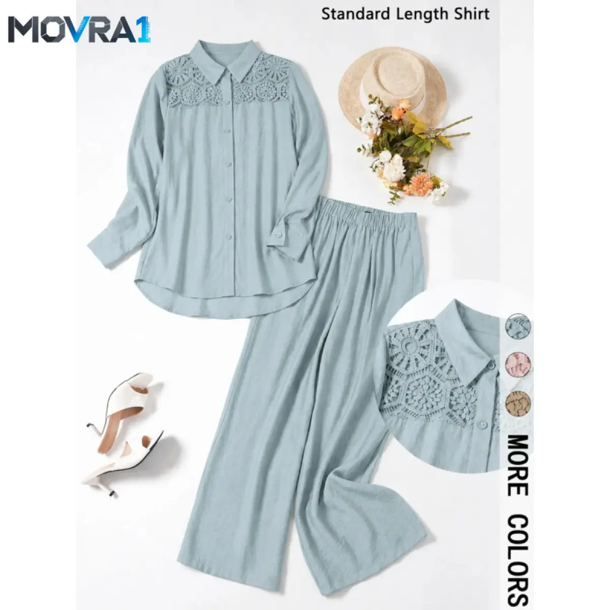 MOVRA1 2 Button Down Shirt Long Sleeve Wide Leg Trousers Set |   Womenswear Lace Detail Elastic Waist Outfit Women |   Quiet Luxury Office Daily Wear |   Old Money Vacation Casual Wear |   Elegant Casual Set |   Clothes