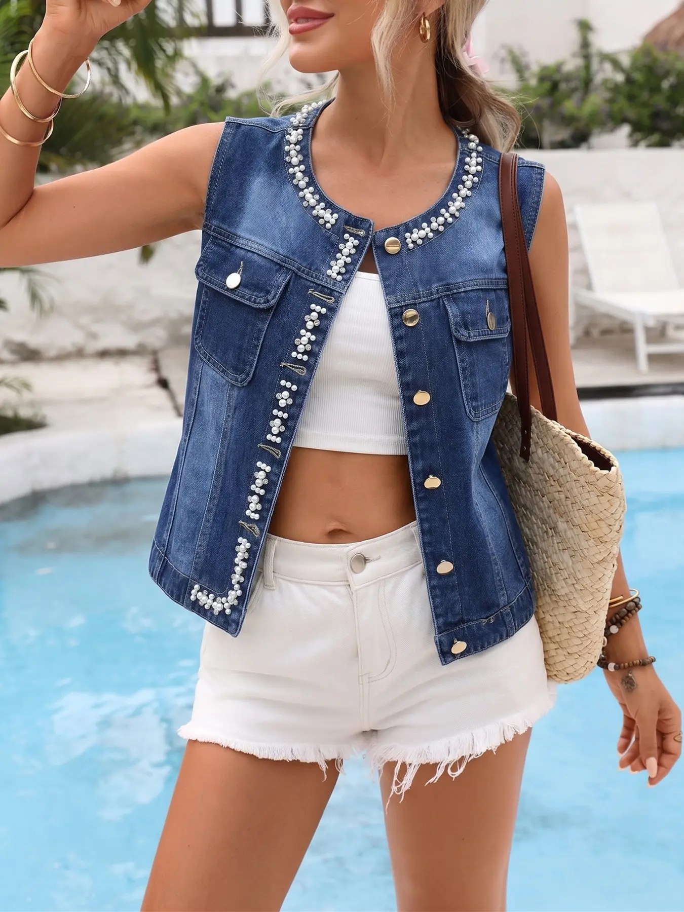Women's Pearl Decorated Denim Vest, Sleeveless Single Button Denim Tank Top, Elegant Chic Casual Outerwear with Chest Pocket, Lightweight, Short