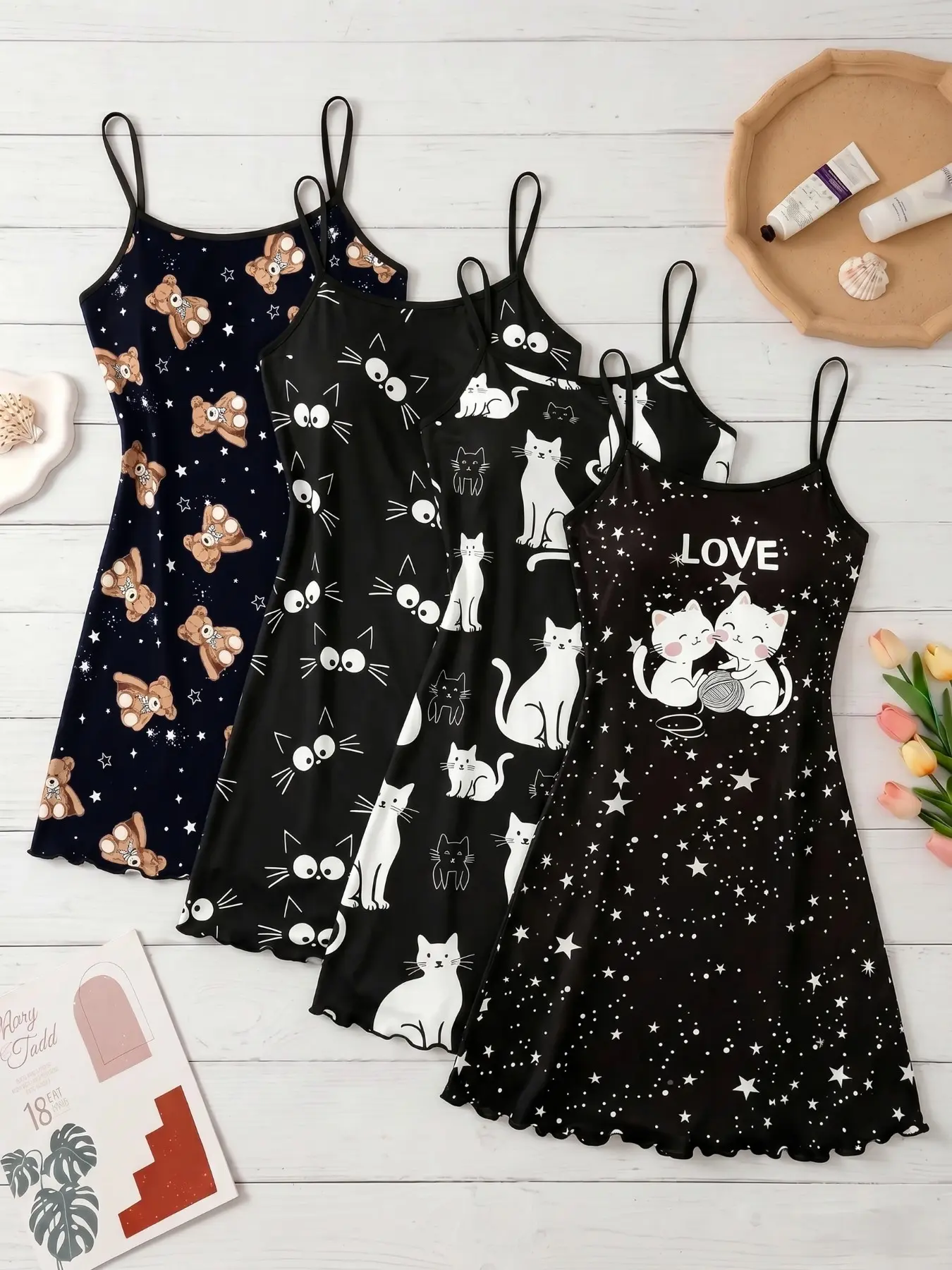 4-Pack Women's Cami Nightdresses, Cat All-Over Print Pajamas, Casual Fitted Sleepwear Loungewear for Spring & Summer, Sweet Home Essentials