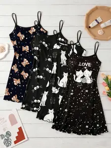 4-Pack Women's Cami Nightdresses, Cat All-Over Print Pajamas, Casual Fitted Sleepwear for Spring & Summer, Sweet Home Essentials