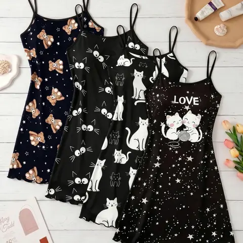 4-Pack Women's Spaghetti Cami Straps Nightdresses, All-Over Print, Casual Fitted Sleepwear & Loungewear for Summer, Sweet Home Essentials