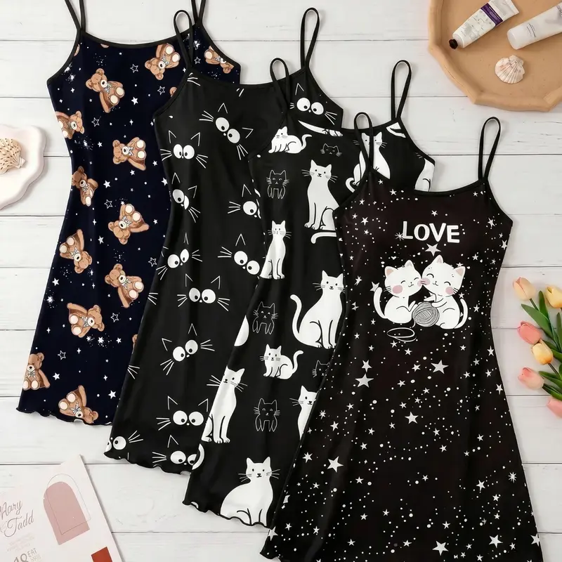 4-Pack Women's Spaghetti Cami Straps Nightdresses, All-Over Print, Casual Fitted Sleepwear & Loungewear for Summer, Sweet Home Essentials
