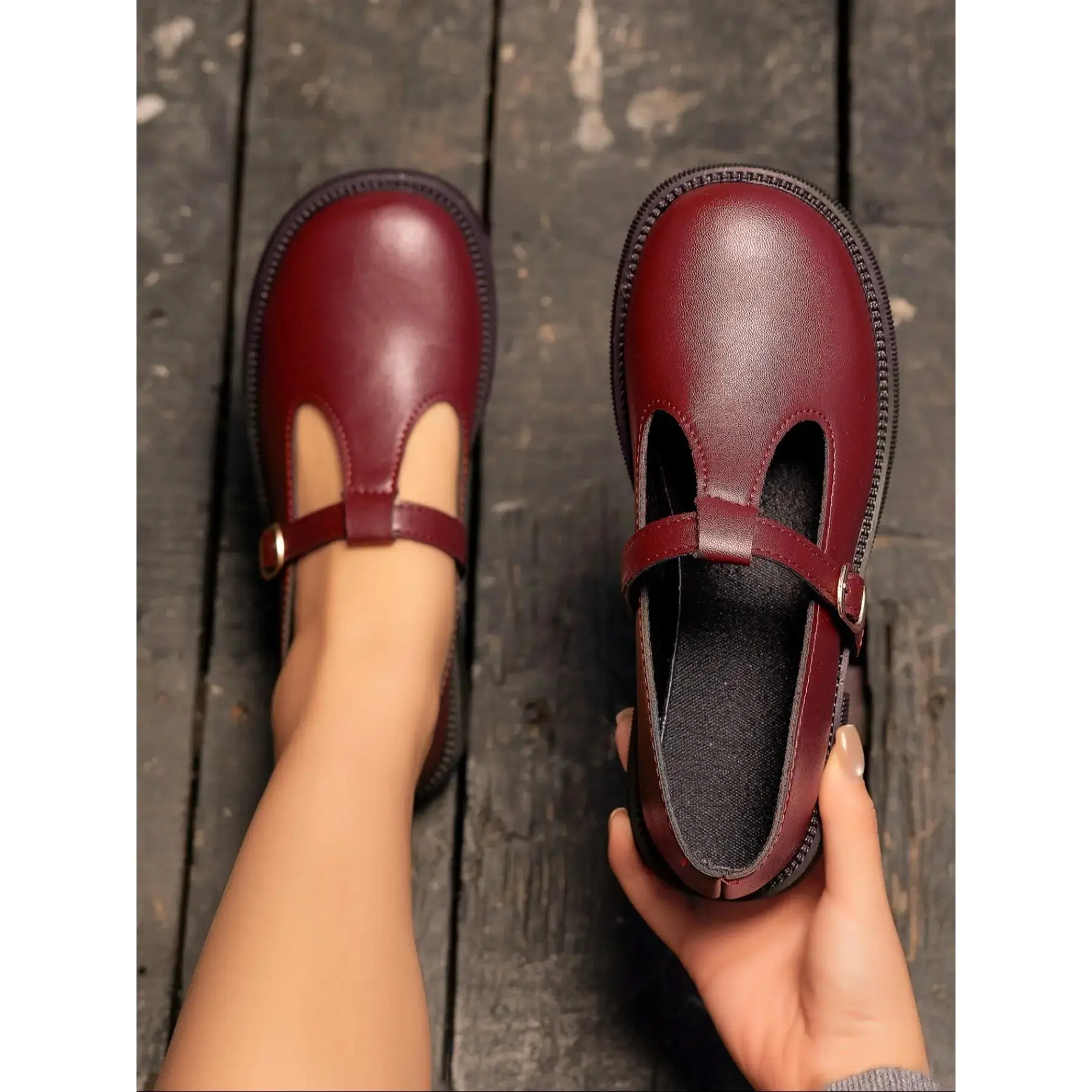 YYW1 Women's Vintage Mary Shoes, Casual Shoes, Walking Shoes, Fine Leather + T-Strap Design, Round Toe Thick Rubber Sole Comfortable, Retro Style Daily Wear