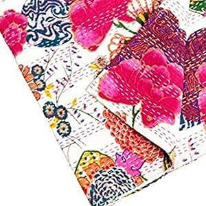 Indian Floral Print Twin Cotton Kantha Throw Blanket Bedspread Throw Gudari