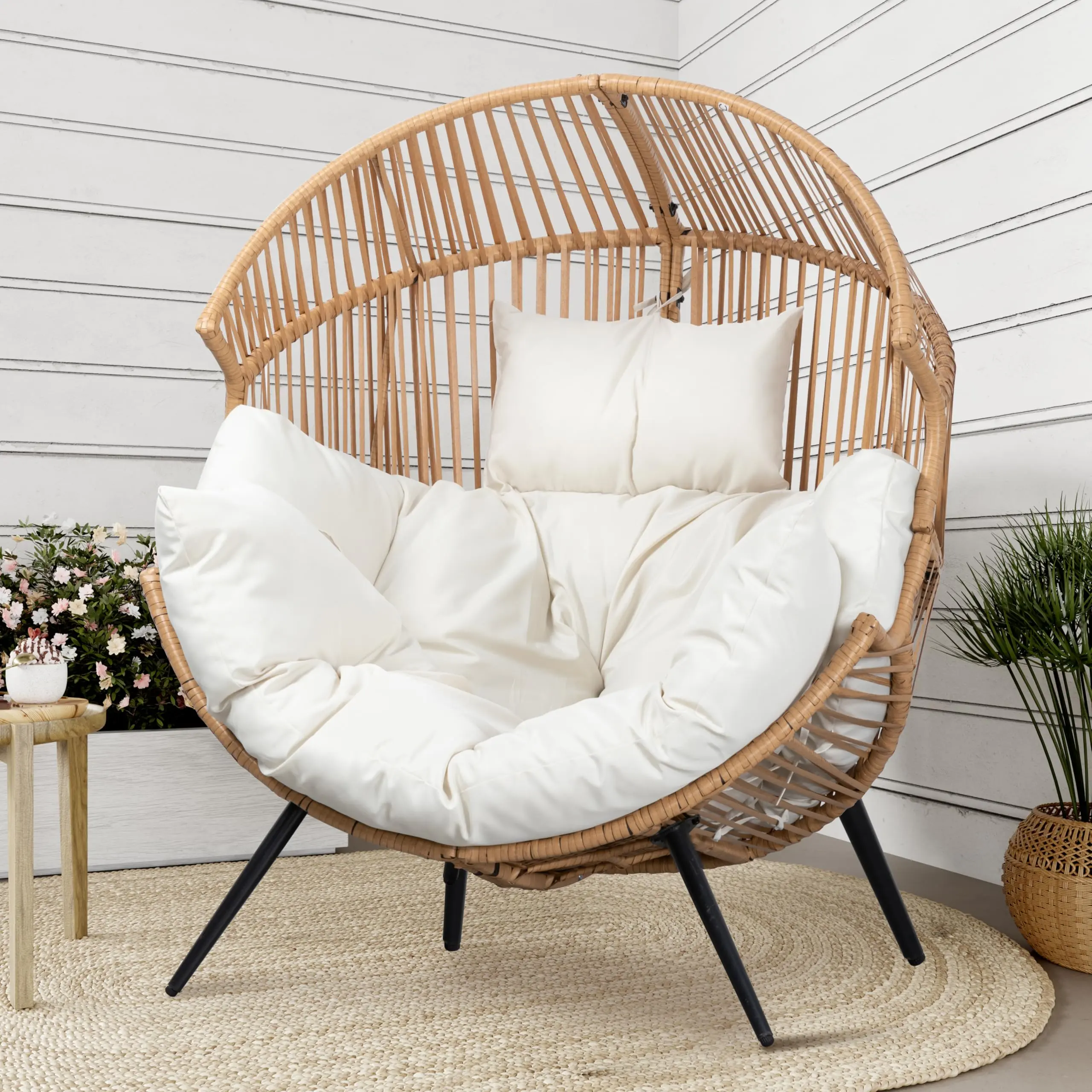 Oversized Patio Egg Chair – Ergonomic Wicker Rocker with Extra-Soft Pillow & Thick Cream Cushion – Indoor/Outdoor Garden, Living Room, or Backyard Lounge Seating – Natural Wicker Frame