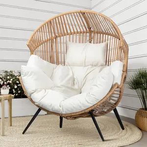 Oversized Patio Egg Chair – Ergonomic Wicker Rocker with Extra-Soft Pillow & Thick Cream Cushion – Indoor/Outdoor Garden, Living Room, or Backyard Lounge Seating – Natural Wicker Frame