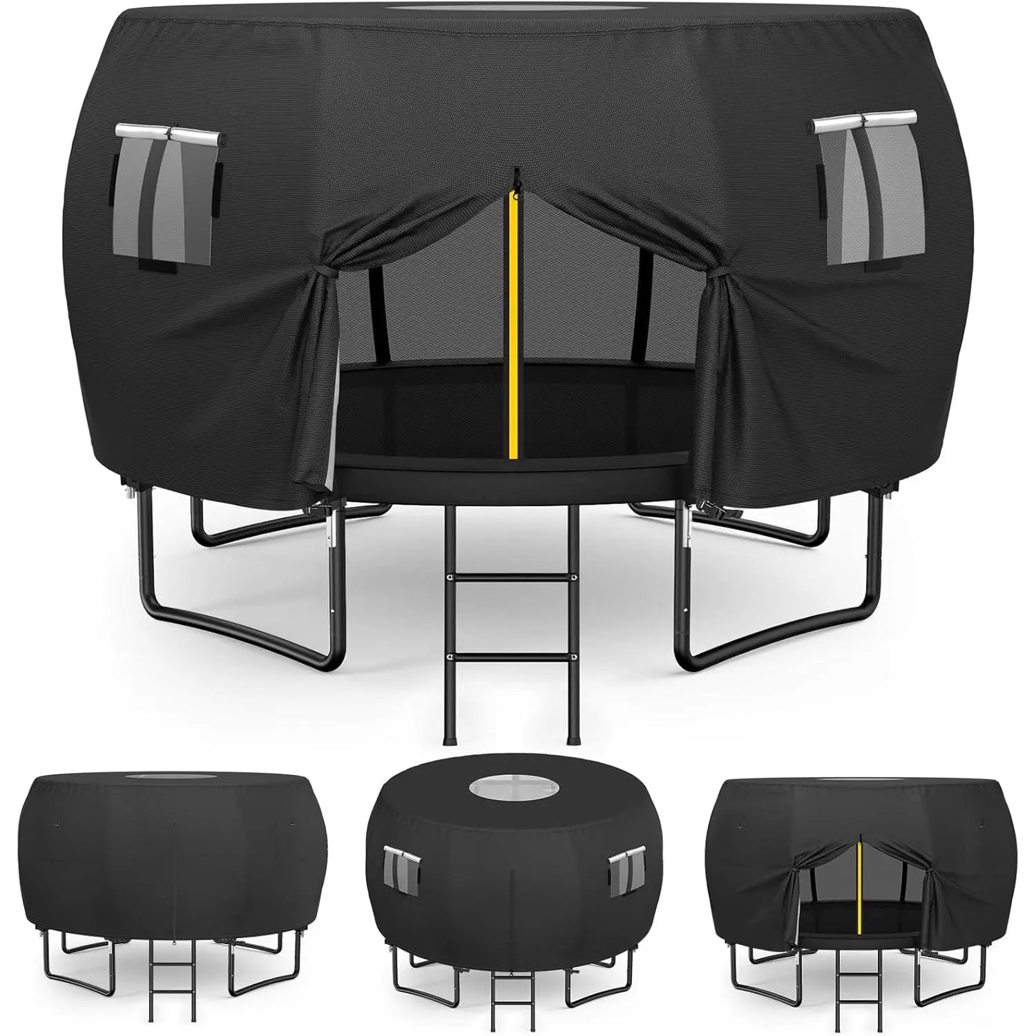 12FT Round Trampoline Top Cover For 8 Curved Pole Trampoline 420D Oxford Waterproof UV Protection Tear Resistant With Clear PVC Skylight 4 Breathable Side Windows Full Windproof Buckle Strap Fix Outdoor Kids Play Trampoline Tent Cover Only