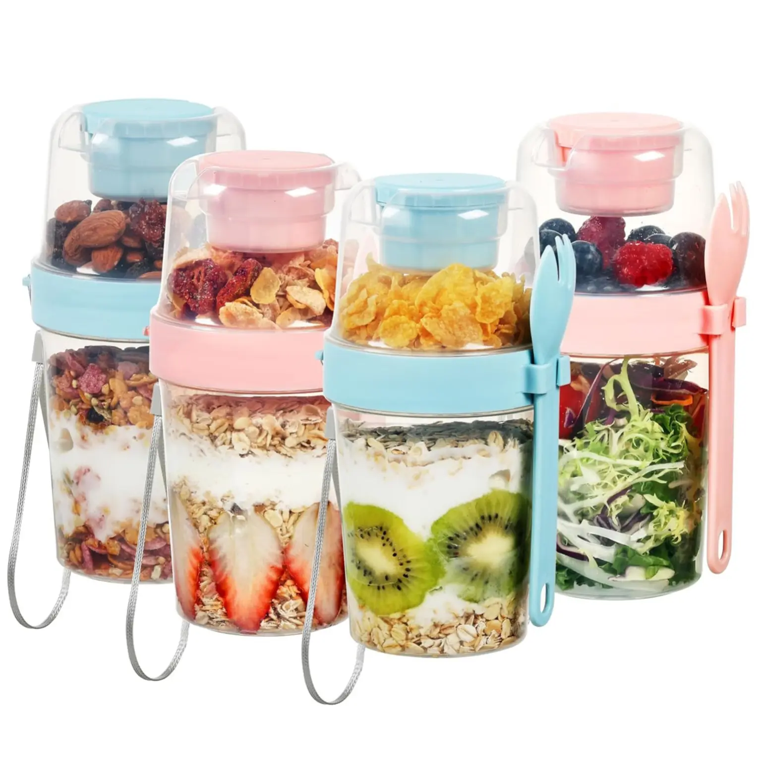 4-Pack of Yogurt Parfait Cups, Kitchen Plastic Food Containers with Lids, Yogurt Containers, Overnight Oatmeal Containers, Reusable Parfait Containers, and Small Mason Jars for Salads, Meal Preparations, Snacks, and Oatmeal.