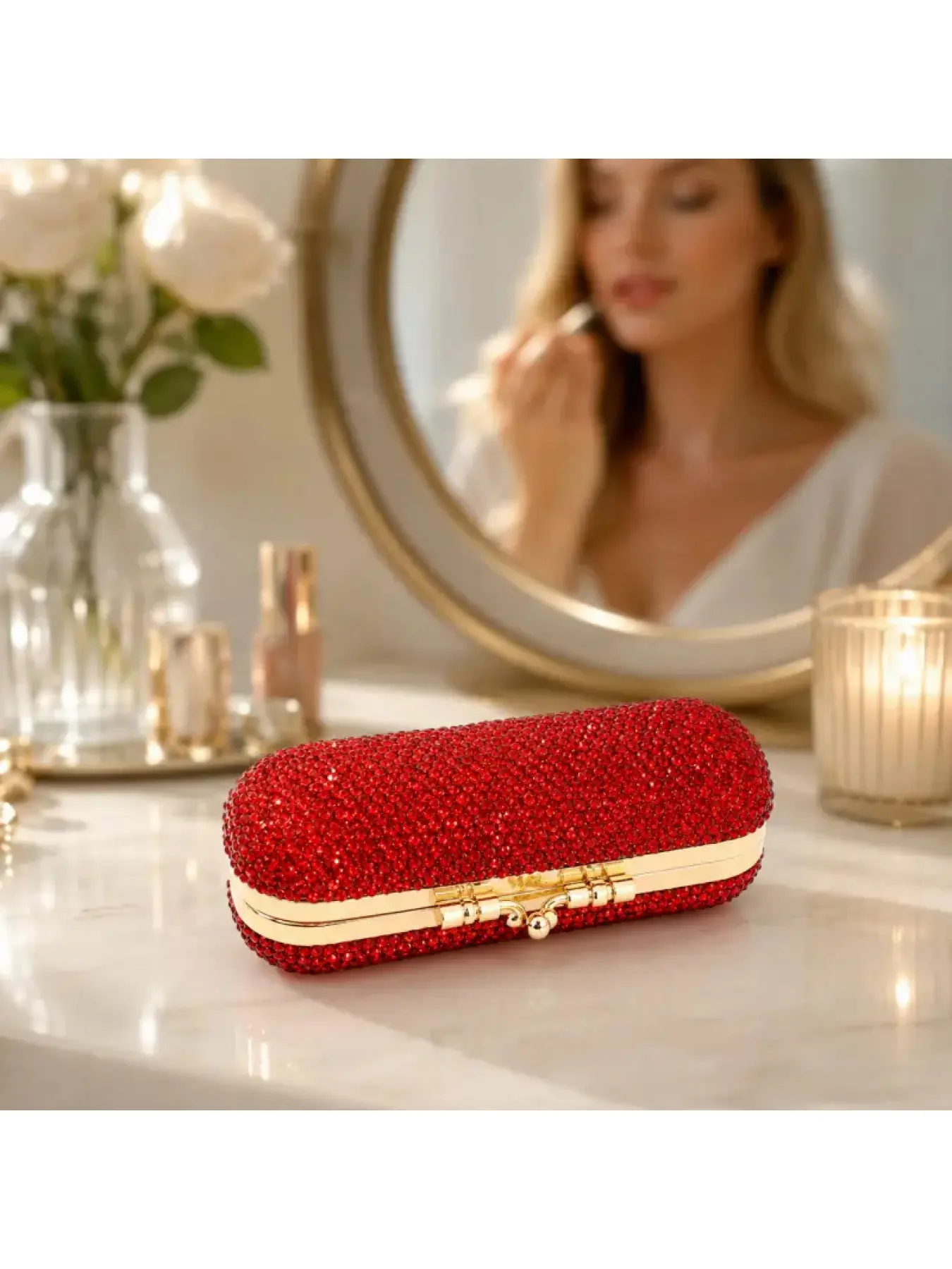 Portable Rhinestone Lipstick Case with Interior Mirror, Shiny Crystal Lipstick Organizer for Lipstick Lip Balm and Lip Gloss, Compact Gold Trim Makeup Holder for Handbag, Travel Essentials for Women, Cute Birthday Christmas Halloween Gift for Mom Wife Gir