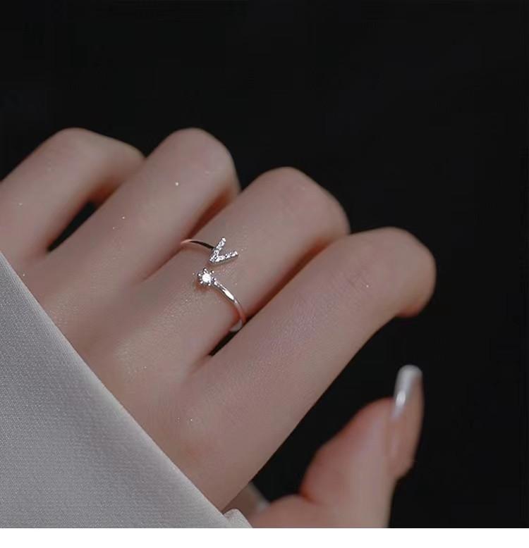 Silver Initial Letter Open Ring Set, Dainty CZ Adjustable Stackable Rings for Women