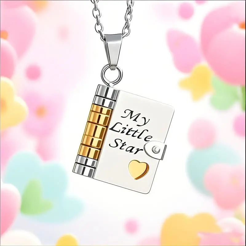 Stainless Steel Hypoallergenic Multi-Page Book Design Laser-Engraved Flip Book Locket Dainty Necklace with Mini Pages - My Little Star Keepsake Jewelry for Daughter, Festive Summer-Vibe Party Gift for Birthday