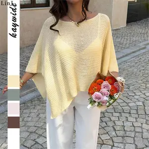 Open Knit Beach Cover Up Poncho Top for Women, Loose Off Shoulder Sheer Crochet Sweater with Asymmetrical Hem for Vacation Resort Wear