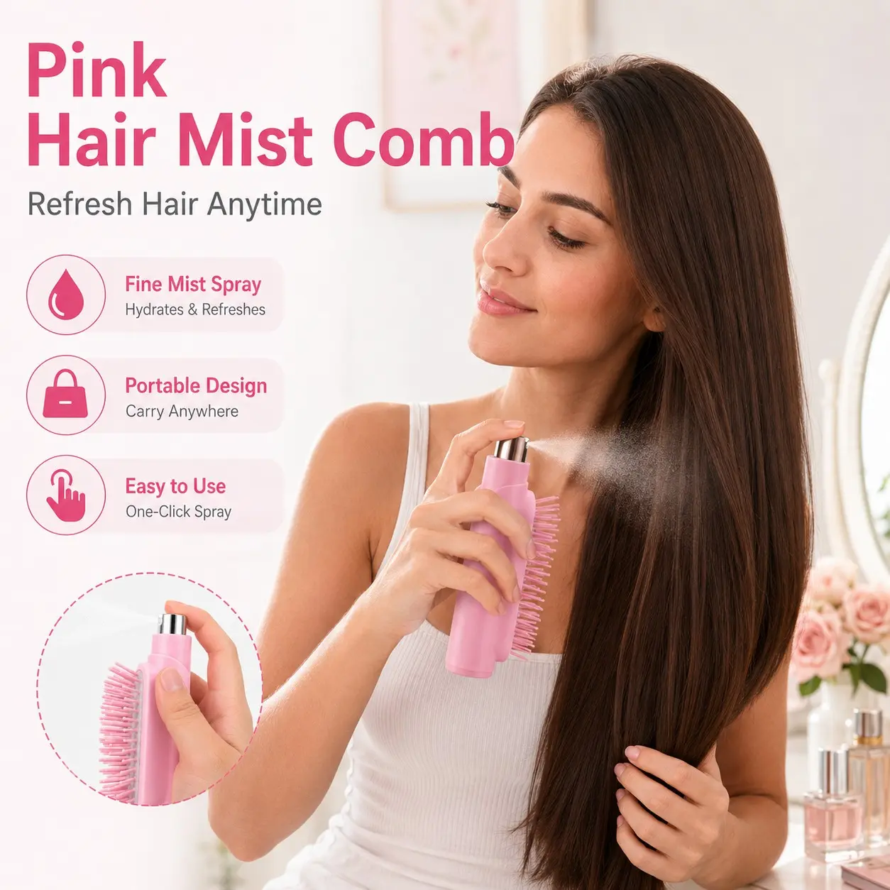 Portable Spray Hair Mist Comb, One-Click Fine Mist Hydrating Hair Brush, 2 in 1 Spritz Water Spray Detangler for Daily Hair Care, Travel Friendly