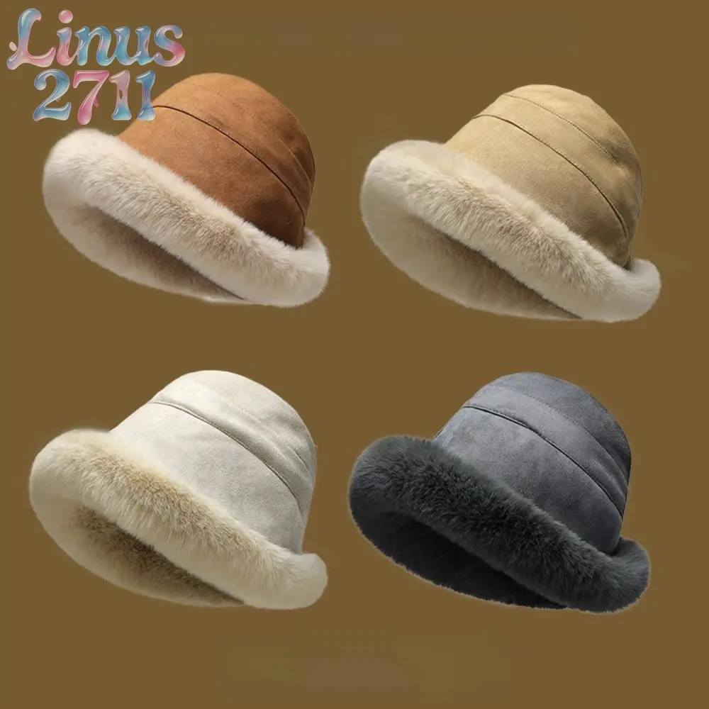 Women Winter Faux Fur Trim Suede Bucket Hat Warm Lined Windproof Ear Protection Solid Neutral Basin Cap Casual Outdoor Daily Cold Weather Fashion Headwear