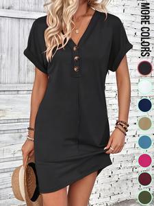 women's plain button v neck tee dress, casual comfort shortsleeve batwing sleeve short dress for summer, fashion women's dress, womenswear, fashion casual comfy dress