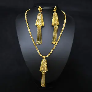 2Pcs 18K Gold Plated Lantern Hollow Filigree Tassel Jewelry Set, Long Twist Rope Chain Pendant Necklace Matching Lantern Tassel Drop Earrings, Luxury Dubai Gold Jewelry Gift For Women